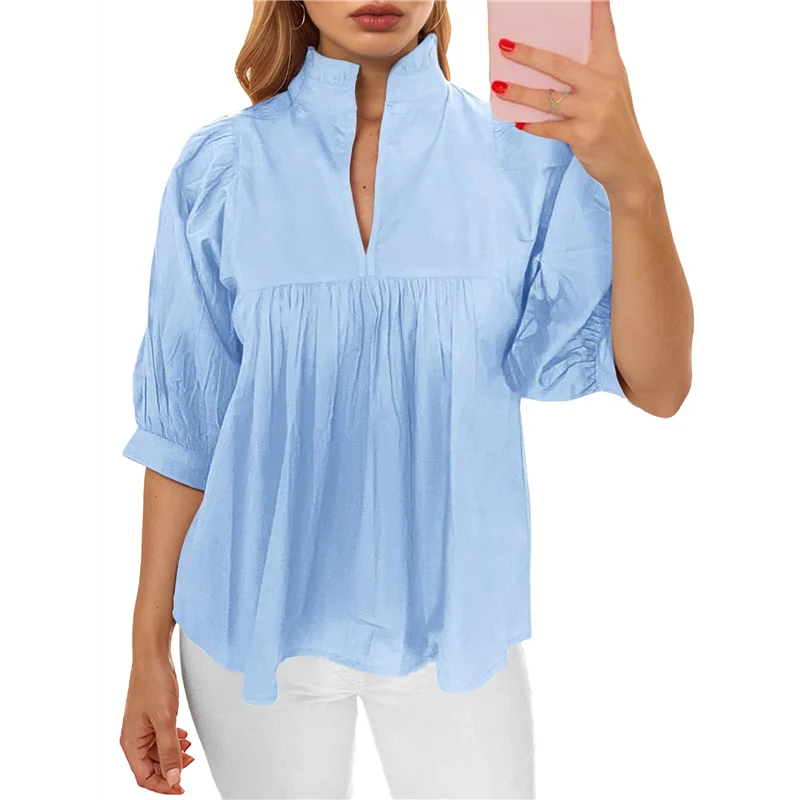ASDS-Damska Bluzka z Bufiastymi Rękawami, Dekolt V, Babydoll, Top z Baskinką, Elegancka Codzienna Plisowana Luźna Koszula