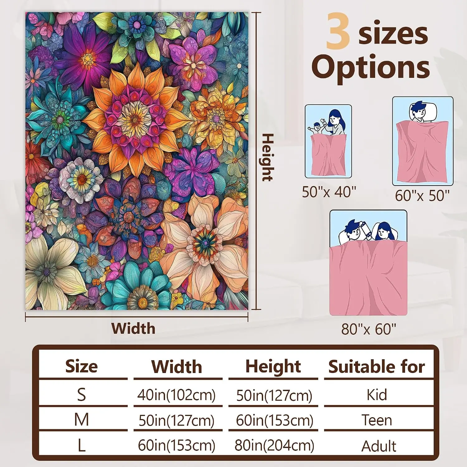 Bright Rainbow Mandala Blooms Stained Glass Floral Art Print Flannel Blanket Cozy Throw for Couch Travel Indoor Home Decor