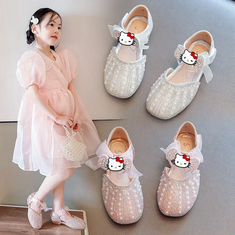 Sanrio hello kitty girls princess shoes new children pearl leather shoes summer sandals crystal shoes baby Dancing