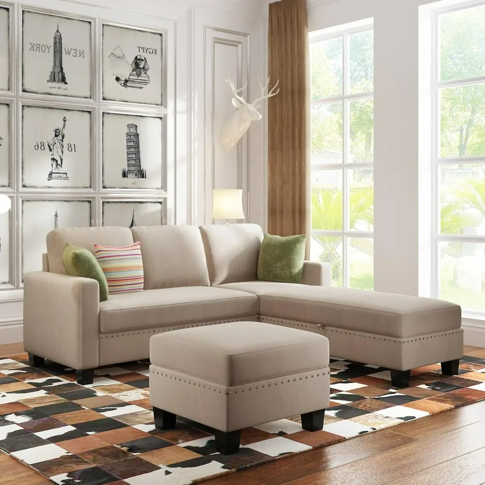 

Reversible Sectional Couch with Storage Chaise and Ottoman, L-Shaped Sofa, Linen Fabric Sectional Sofa with Nailhead Textured