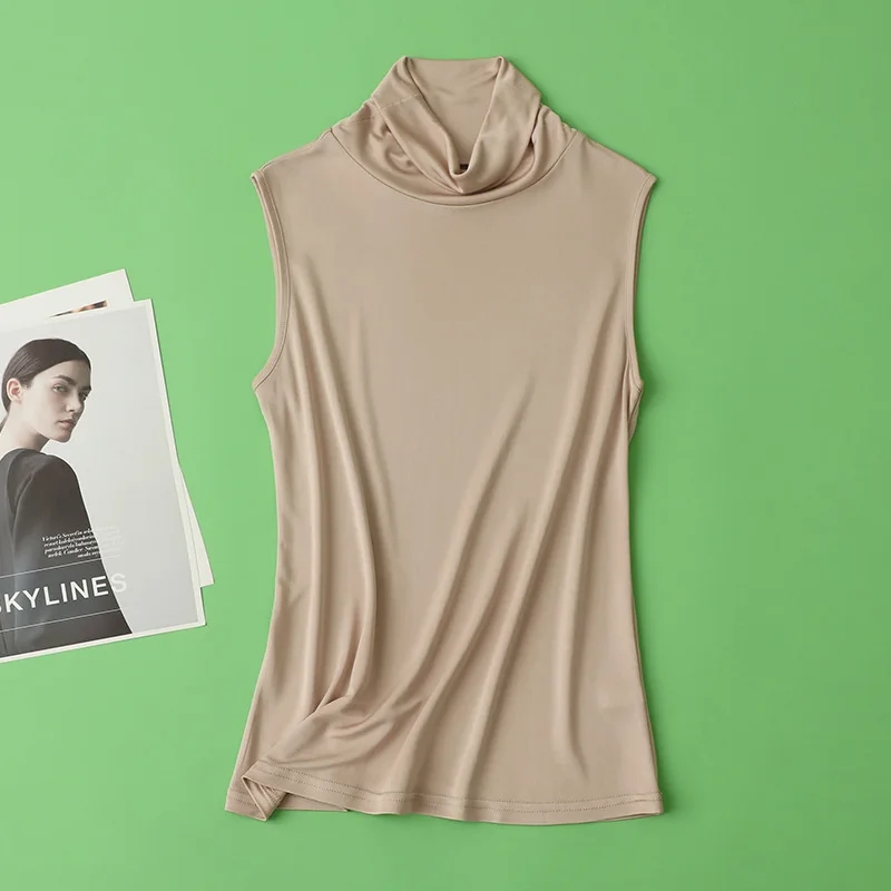 High Quality 100% Mulberry Silk Double-Sided High Collar Vest Sleeveless Chunky Collar Base Shirt T-Shirt Women Summer Sweet ...