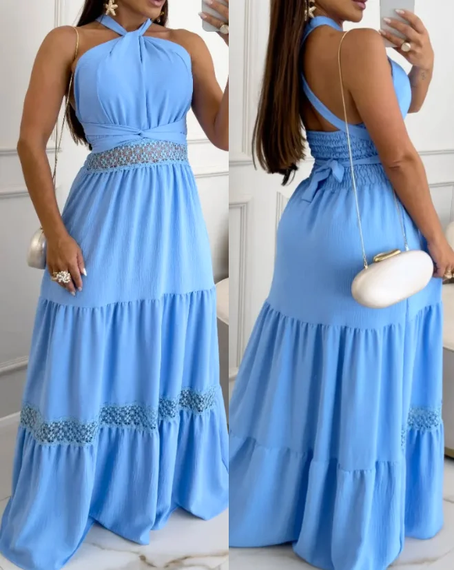 

Women Dresses 2025 Summer Contrast Lace Waist Hollow Out Maxi Dress Female Casual Halter Tied Detail Back Shirred Flared Dress