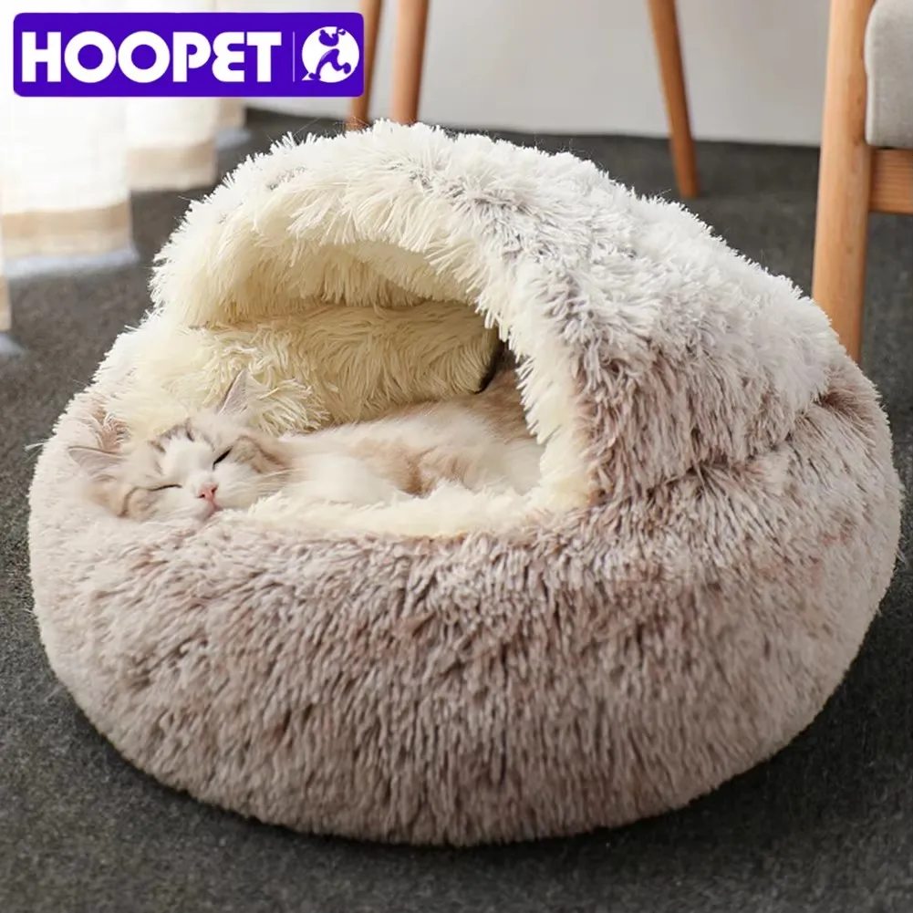 HOOPET Cat Bed Round Cat Nest Puppy Cave Long Plush Pet Bed Warm Cats Bed 2-In-1 Cat Cushion Sleeping Sofa