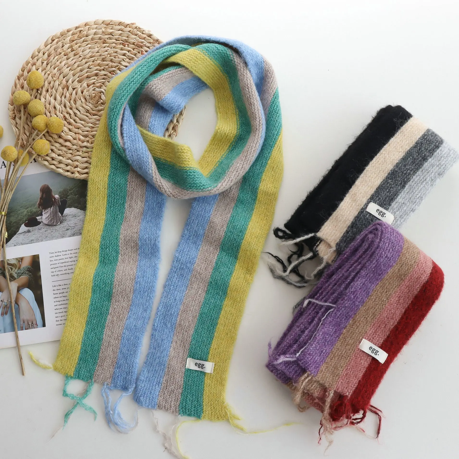 Korean Egg Color Matching Wool Knitted Scarf Personality Raw Edges Design Autumn Winter Wild Fashionable Narrow Version Scarf