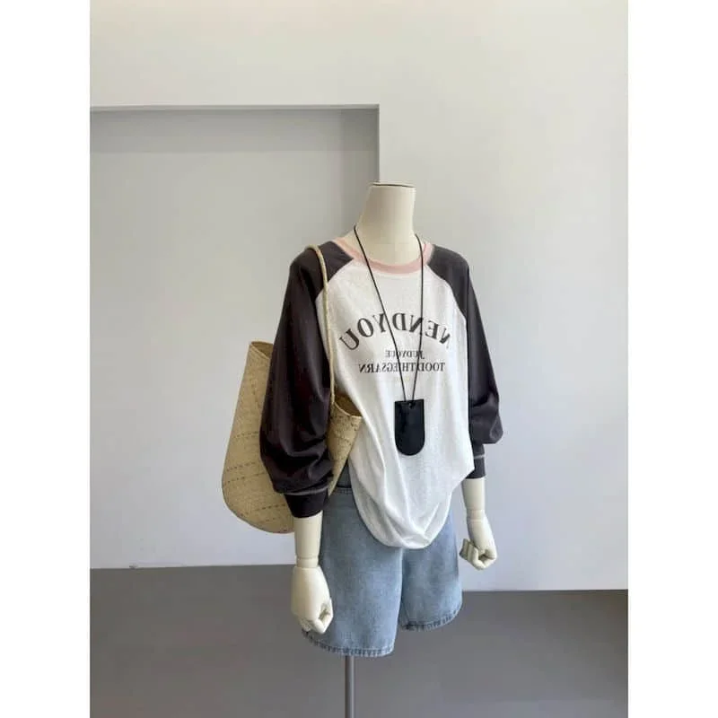 Pop Literary T-shirts For Women Autumn Contrast Color Oversized Casual Korean Style Long Sleeve O-neck Retro Aesthetic Clothes T