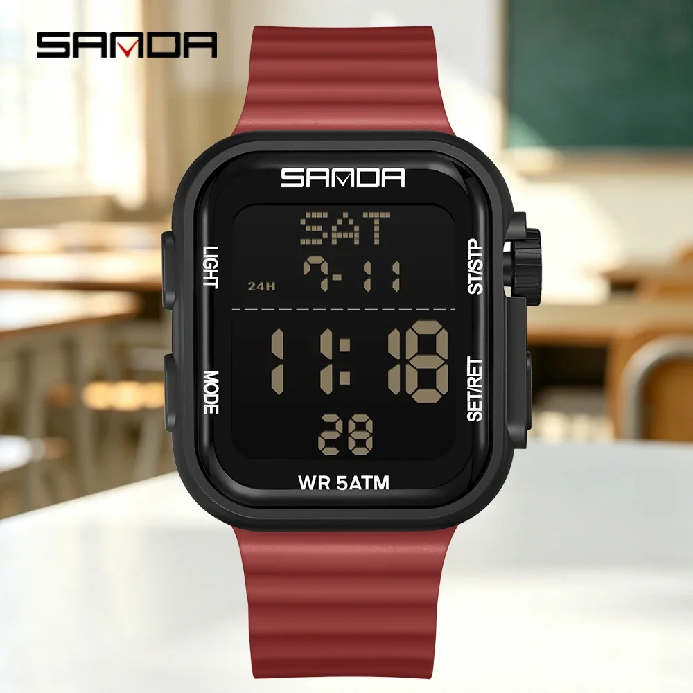 SANDA 9507 Fashion LED Digital Watch Men's Multi Functional Timer Electronic Clock Calendar Alarm Clock Military Square Watch