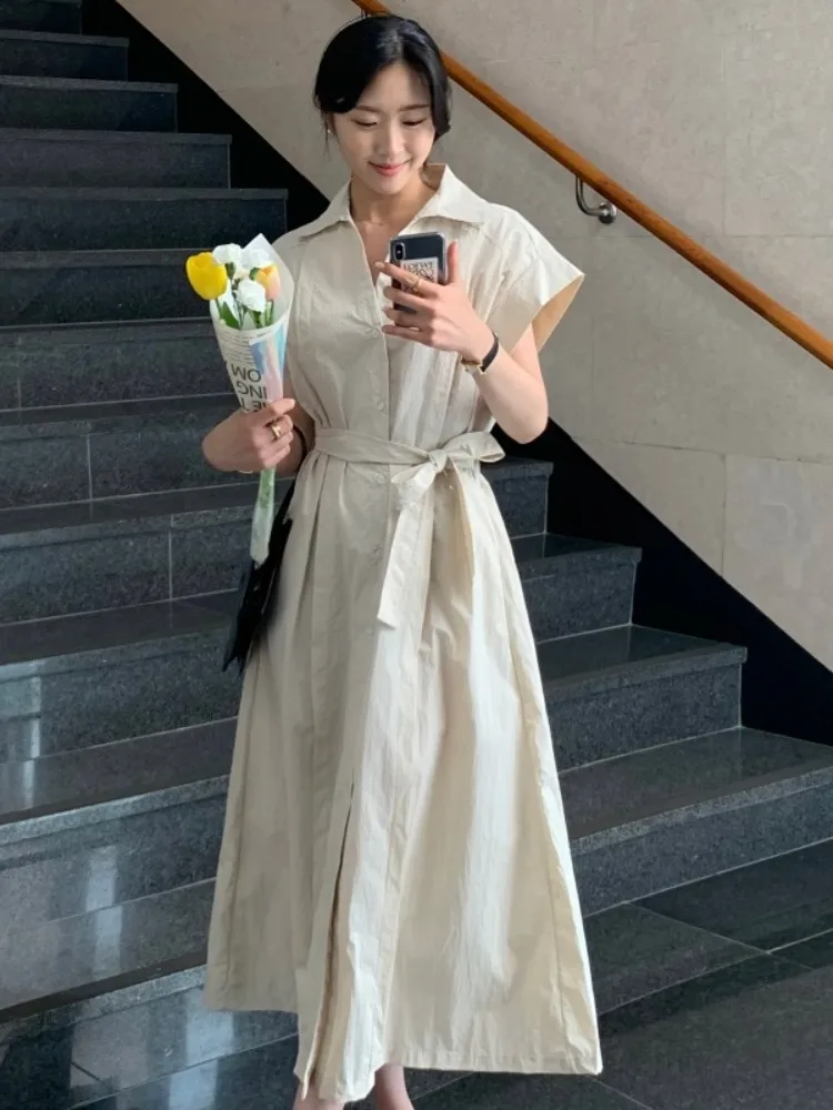 

Retro Waist-Cinching Belted Single-Button Dr Women's Summer New irt Sle Pure Color Long Skirt Ele Simple Design