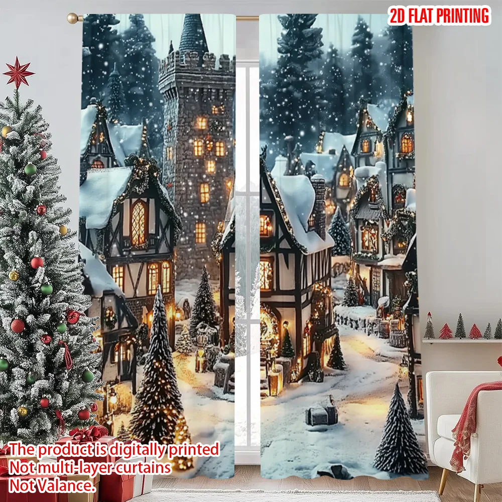 

2pcs 2D flat printing Merry Christmas Popular Window Curtains Christmas Snowy Warm Street Versatile Fabric Without Electricity