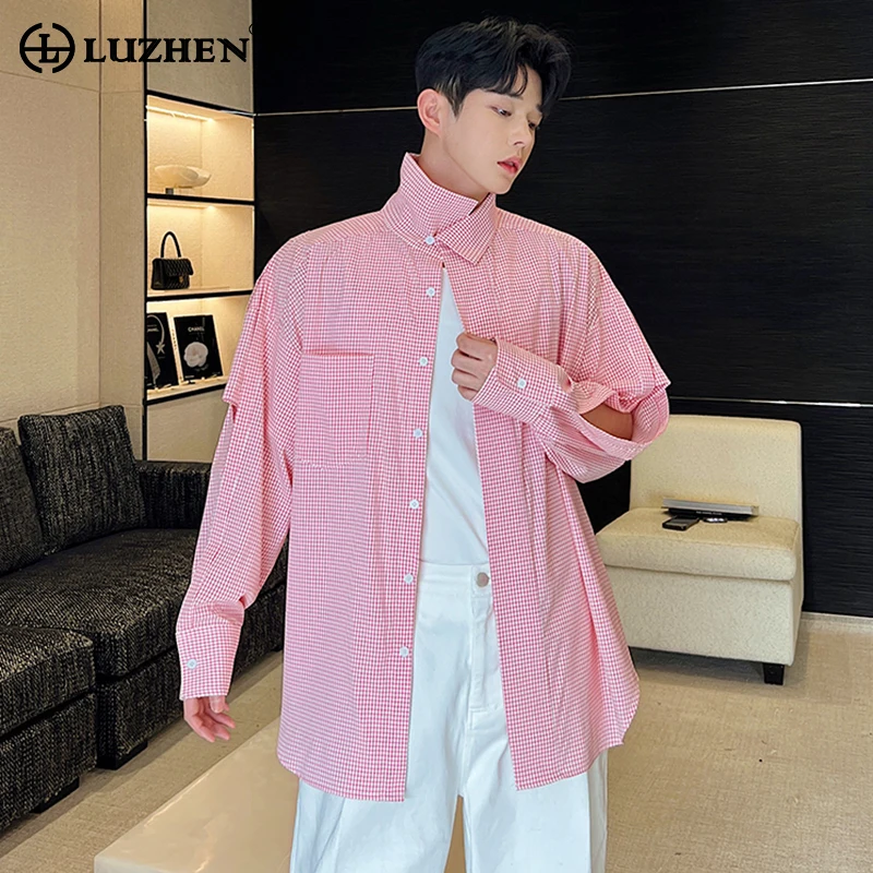 

LUZHEN Multifunctional Wearing Checked Pattern Patchwork Design Long Sleeved Shirts Personalized Trendy Street Korean Men's Tops