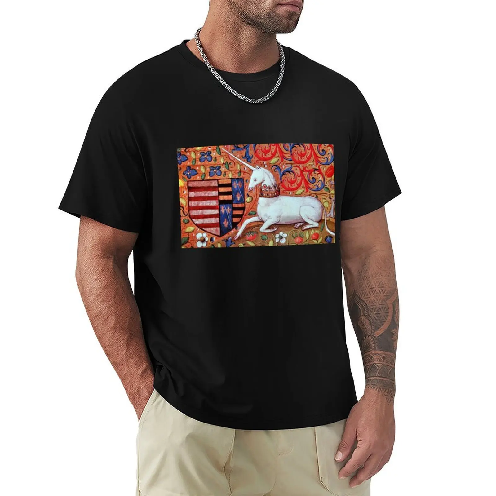 UNICORN WITH RED BLUE WHITE FLORAL MOTIFS Medieval Miniature T-Shirt Simple Casual Short Sleeve Cotton T-Shirt
