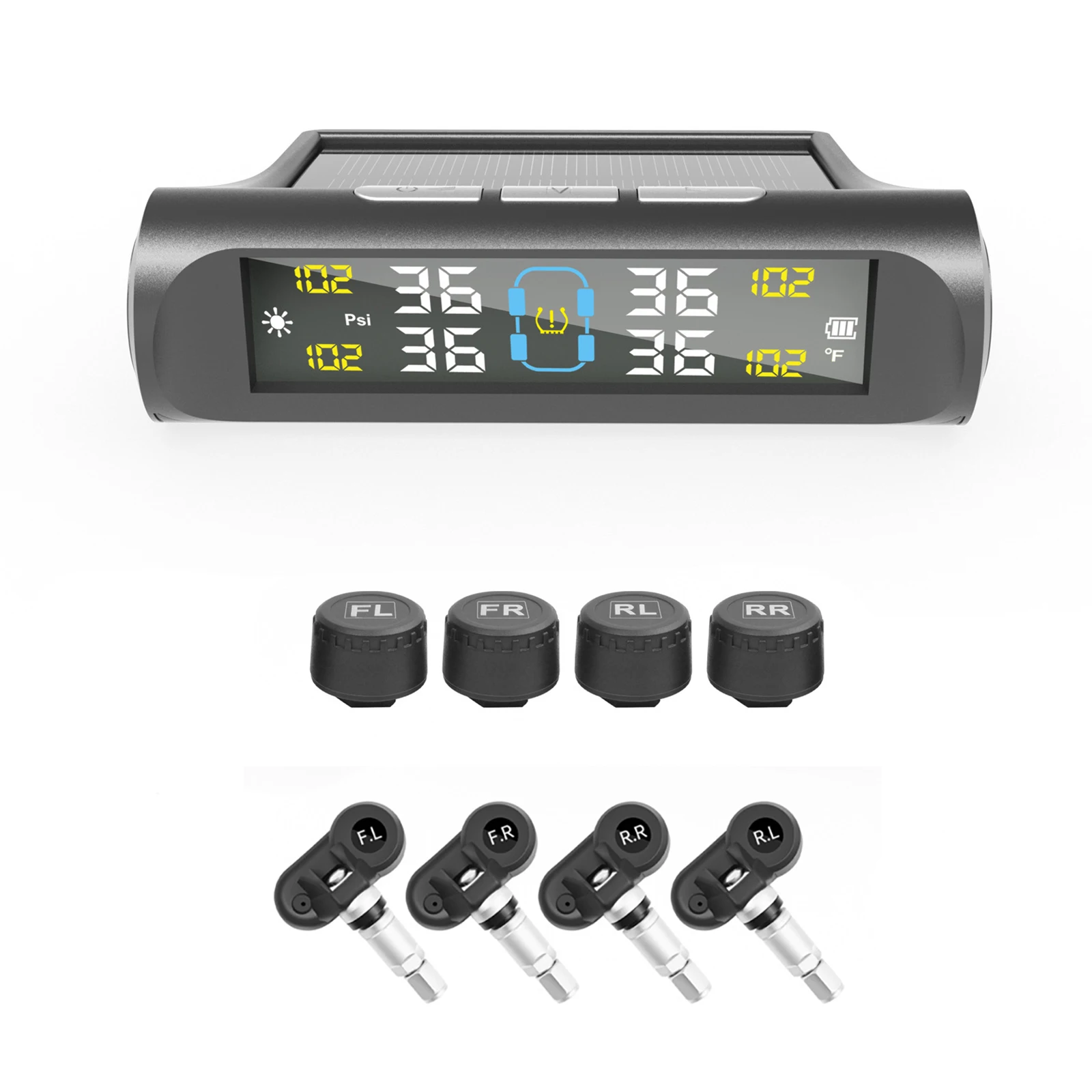 

TPMS Solar Powered Car Tire Pressure Monitoring System with 4 Wheel Internal External Sensors Tyre Auto Security Alarm Tester