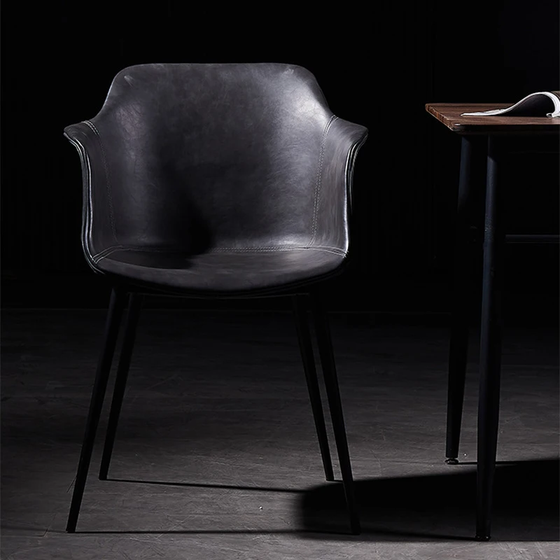 Home Leather Dining Chair Hotel Restaurant Living Room Leisure Cafe Chair Leather Seat Metal Leg Vintage Saddle Leather Chair