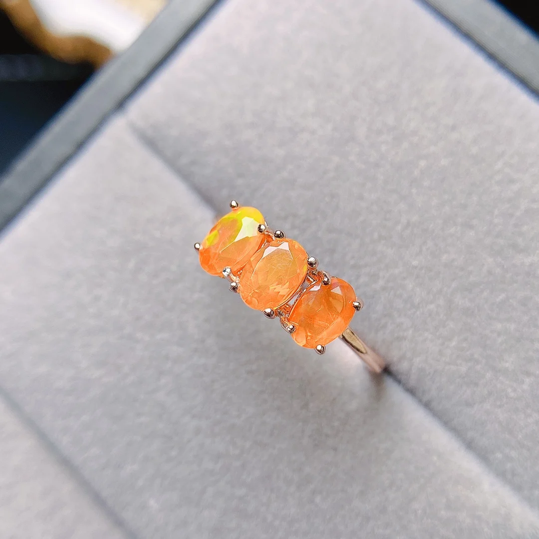 October Birthstone Opal Ring Three Stones Orange Fire Opal Ring 925 Sterling Silver Natural Opal Engagment Rings For Gift - view 6
