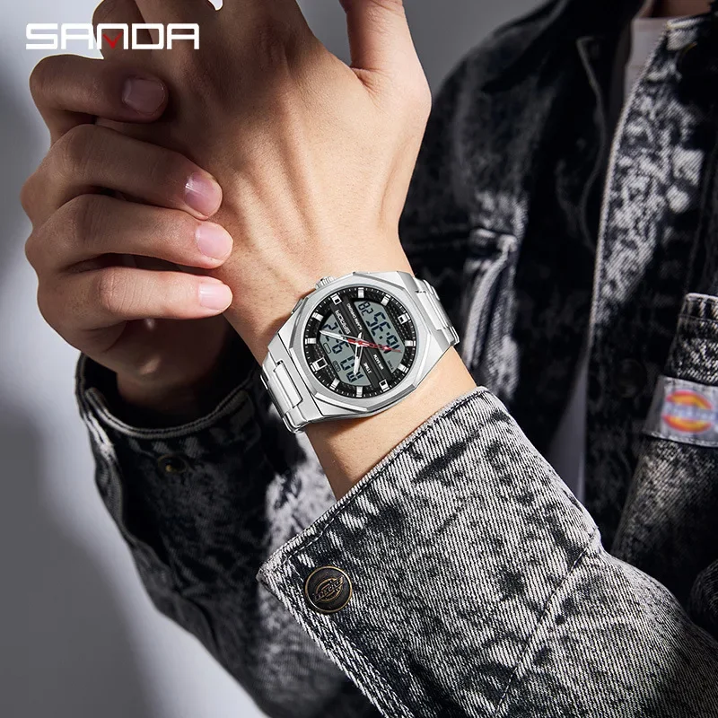 SANDA double display electronic watch business casual classic men's watch two places time luminous waterproof sports watch