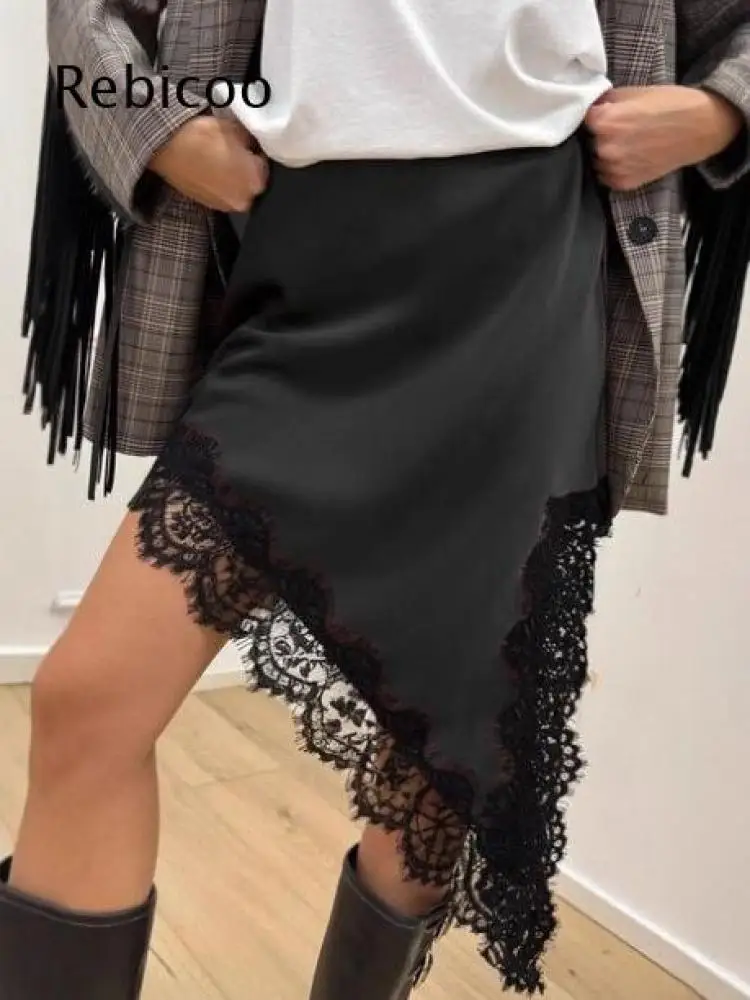 Lace Trim Irregular Hem Midi Skirt Ladies High Waist Asymmetrical Hanky Cut Soft Surface Skirt For Multiple Matching Styles