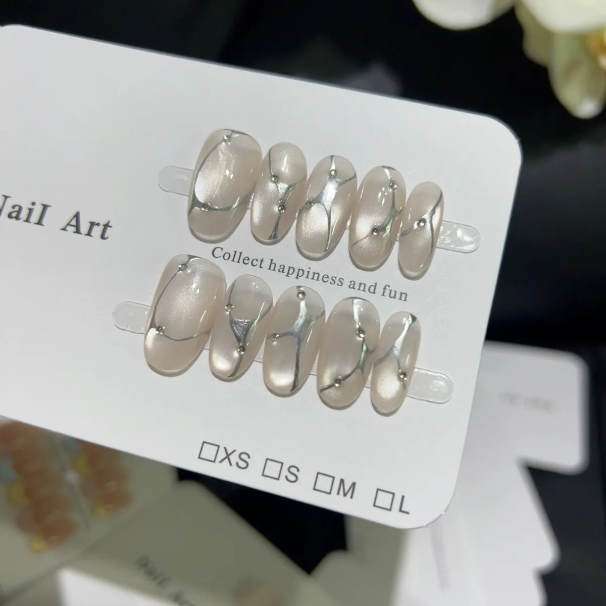 

10PCS Black Cat Eye False Nails Metallic Silver 3D Carving Flowers Design Handmade Press on Nails White Short Oval Fake Nail Art