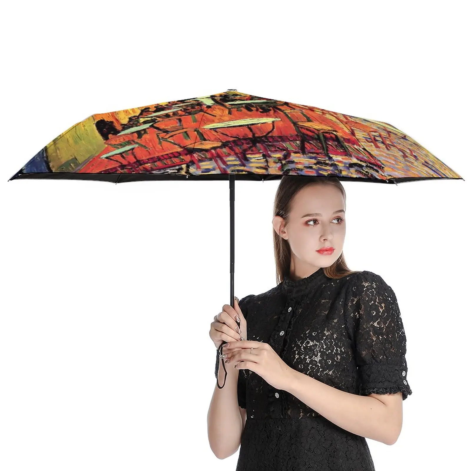 Vincent Van Gogh 3 Fold Auto Umbrella Cafe Terrace at Night Ligthweight Umbrella Sun and Rain Black Coat Umbrellas for Men Women