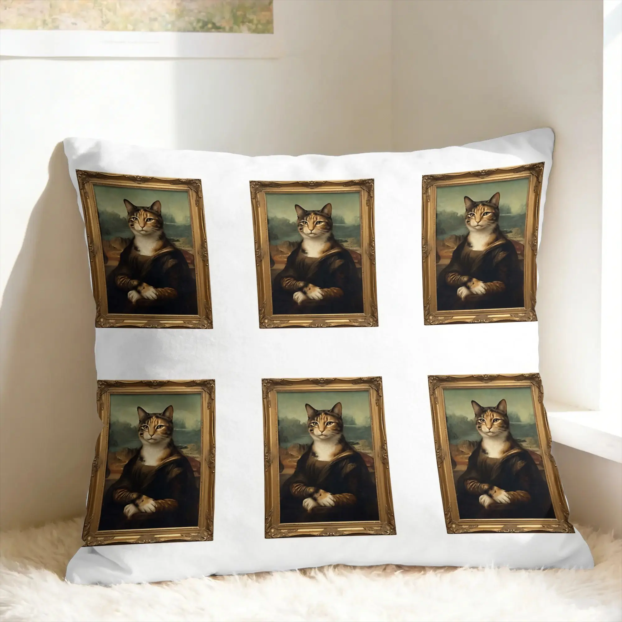 Pillow Case Cute Caroon Cat Portrait Photo Frame Art Soft  Pillow Cover For Living Room Chair Novelty Pillowcases