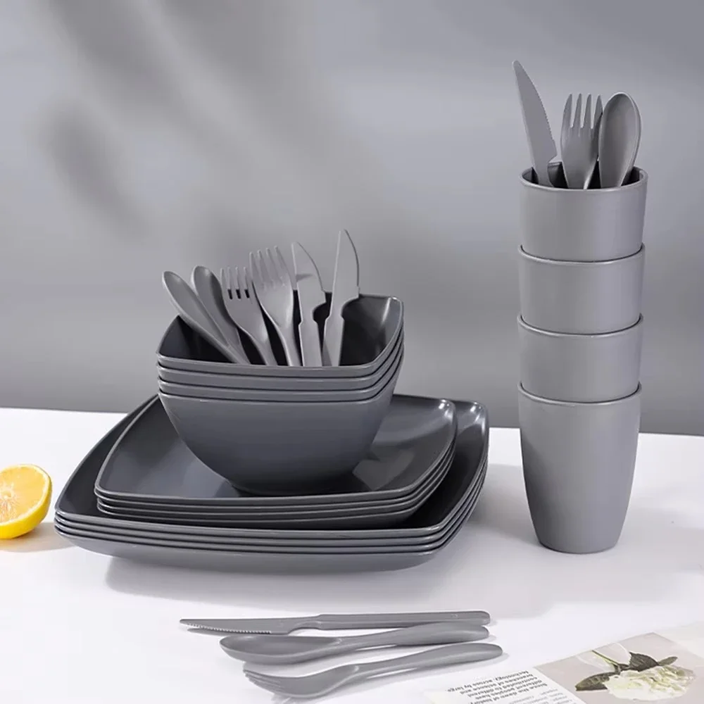 

28 шт., нехрупкие тарелки для еды, посуда из пшеничной соломы, набор посуды, многоразовая посуда, походная микроволновая печь, можно мыть в посудомоечной машине