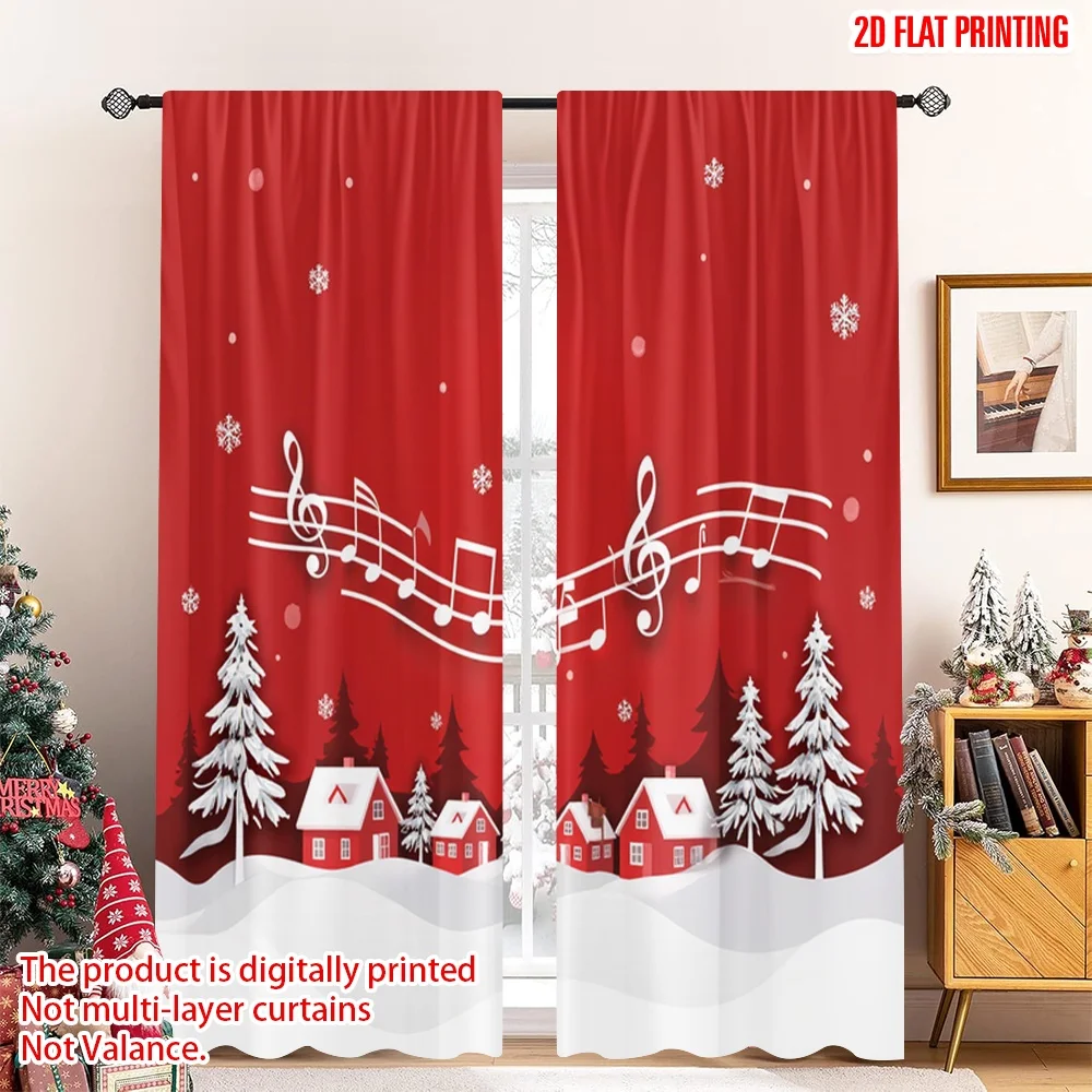 

2pcs 2D flat printing Christmas Curtain Christmas Music Snowy Village Polyester Without Electricity 0 for bedroom living room