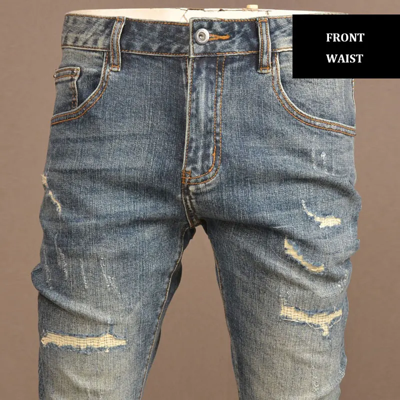Fashion Streetwear Men Jeans Retro Washed Blue Elastic Slim Fit Ripped Jeans Men Vintage Designer Casual Denim Pants Hombre