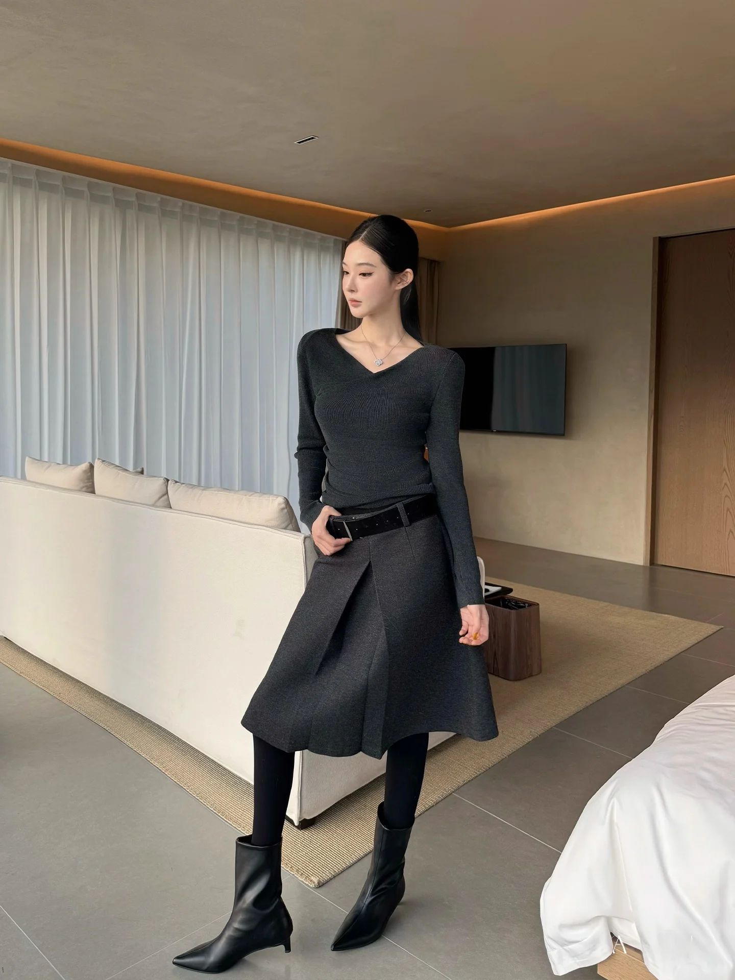 

Ele High Waist A-Line Skirt with Belt Autumn Winter Wool Blend Women's Skirts ALIN Brand Polyester Viscose Blend