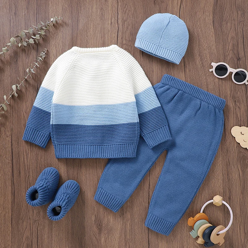 Baby Clothes Set 4PCS Knit Infant Long Sleeve Sweater +Pants +Hat +Shoes Fashion Striped Autumn Kid Tops Trousers Cap Boots Warm