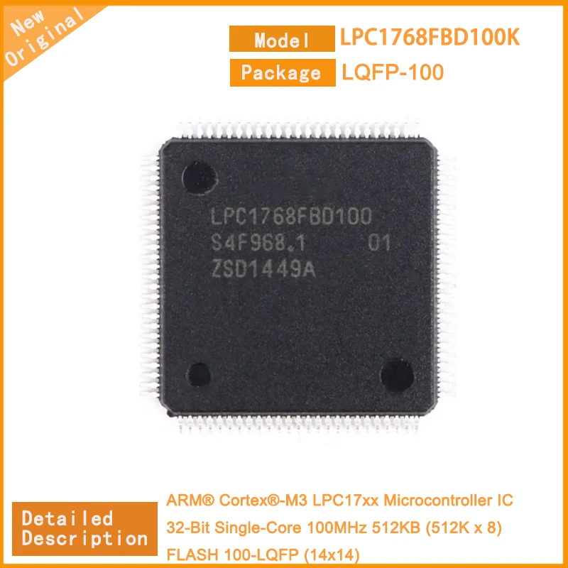 5 Pçs/lote Novo Original LPC1768FBD100K LPC1768 Microcontrolador IC 32-Bit Single-Core 100MHz 512KB (512K x 8) FLASH 100-LQFP