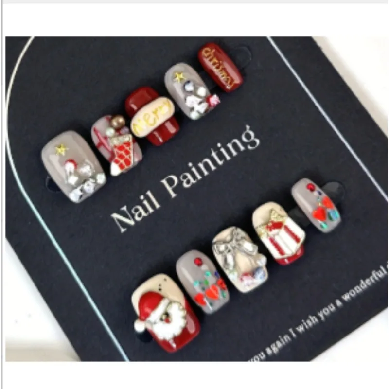 

10pcs Christmas Handmade Nail Art 3D Santa Claus Stocking Gift Snowflake Short Style Press-on Nail Tips Perfect for Women