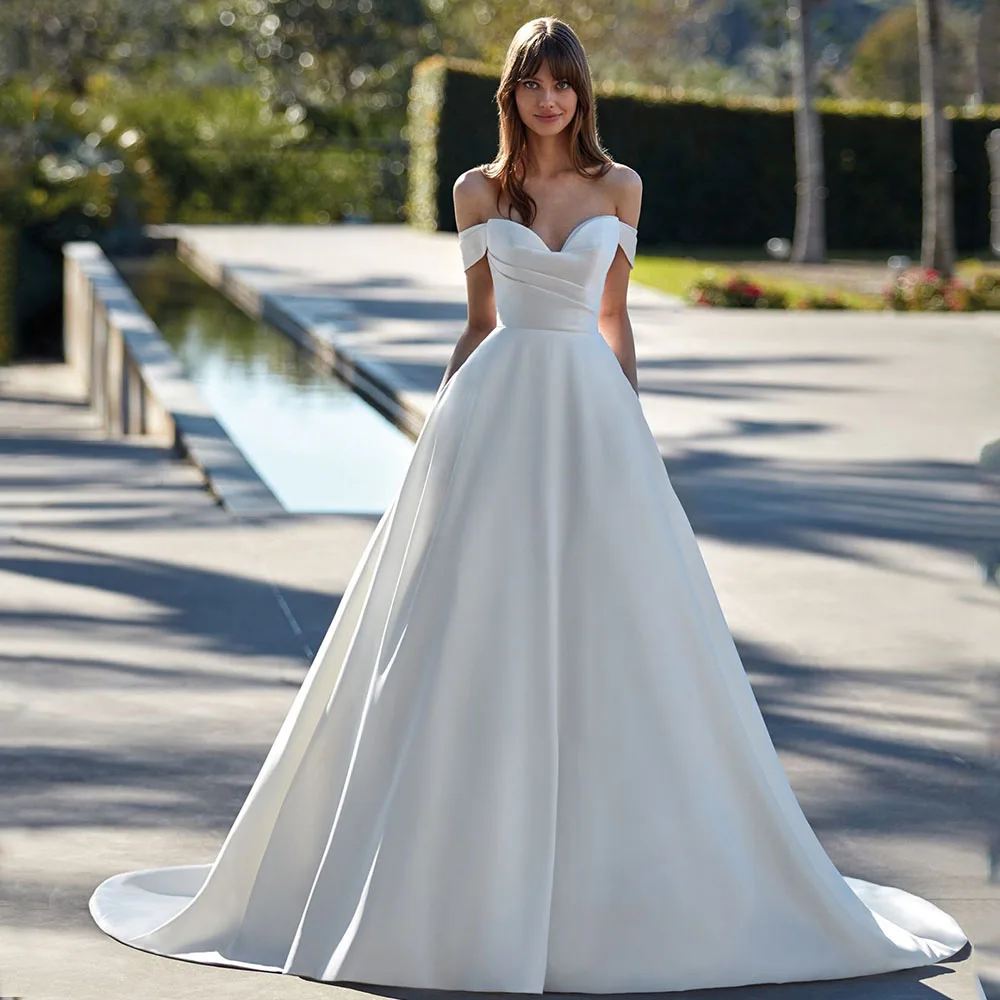 Satin Sweetheart Neck Card Shoulder Sleeves Wedding Dress With Pleats With Pocket Buttons Bridal Gown A-Line Floor Length