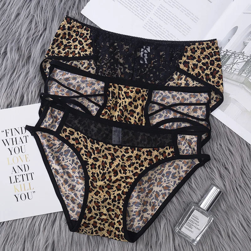 Leopard Print Combination Ice Silk Sexy Lace Women\'s Panties Low Waist One Piece Panties Female Lingerie Triangle Cotton Crotch