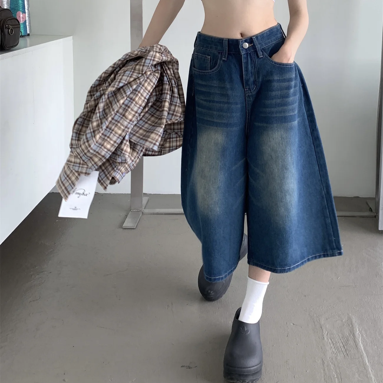 Blue Jeans Women Loose Straight Summer Calf Length Wide Leg Trousers OL Leisure Design High Waist Zipper Pocket Cozy Cool Girl