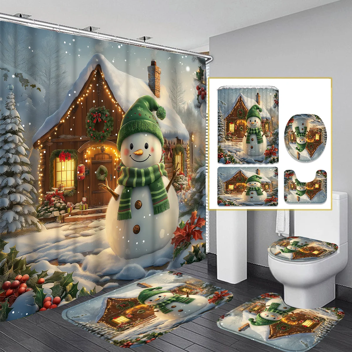 4PCS Christmas Snowman Shower Set, Snowman Holly House Winter Print, 12 Hooks, Non-Slip Mat, U-Seat Cover, Holiday Decor