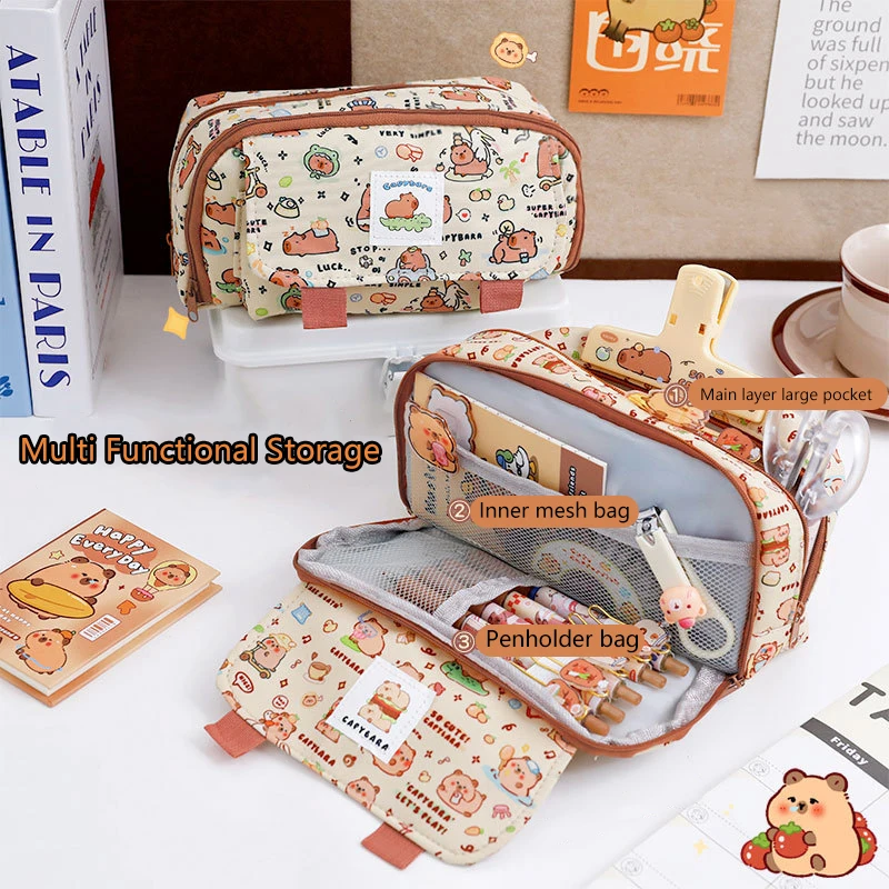 Cartoon Cute Capybara Pen Case Large Capacity Organizer Storage Bag Student Stationery Supplies Pencil Bag Children Gifts