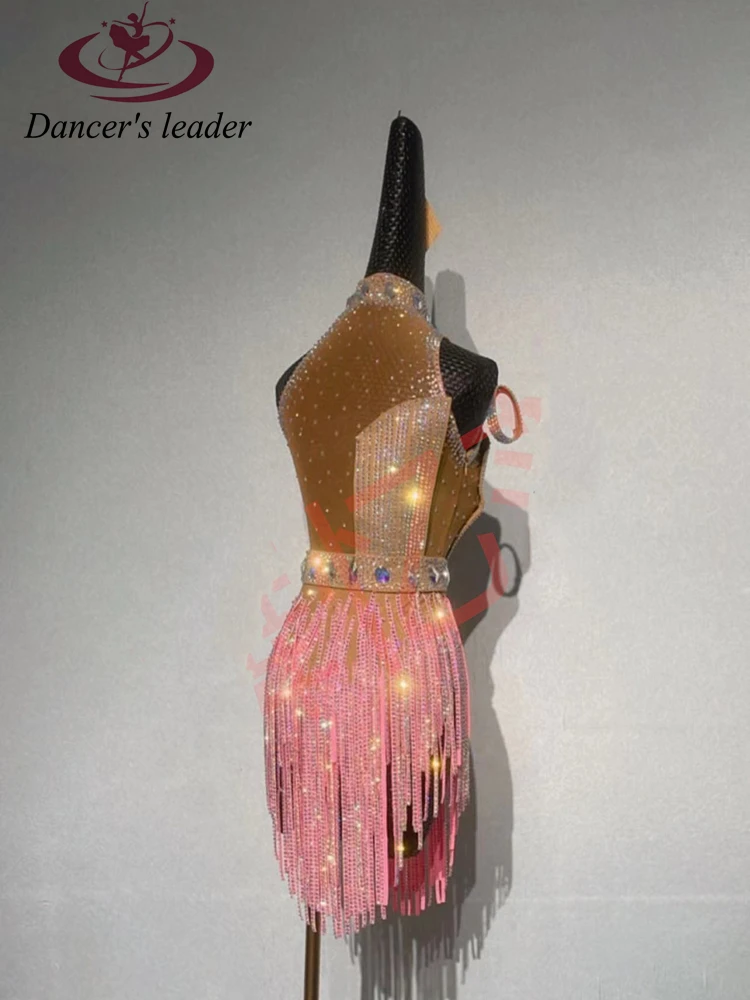 Latin Dance High-end Custom New Full Diamond High-end Competition Clothing Pink Cha Cha Tango Women Professional Dress