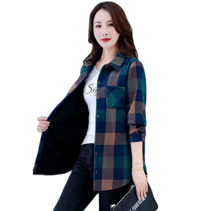 Add Velvet Thicken Cotton Plaid Shirt Blouse 2023 Spring Autumn Winter New Korean Version Retro Casual Shirts Jacket Female Tops