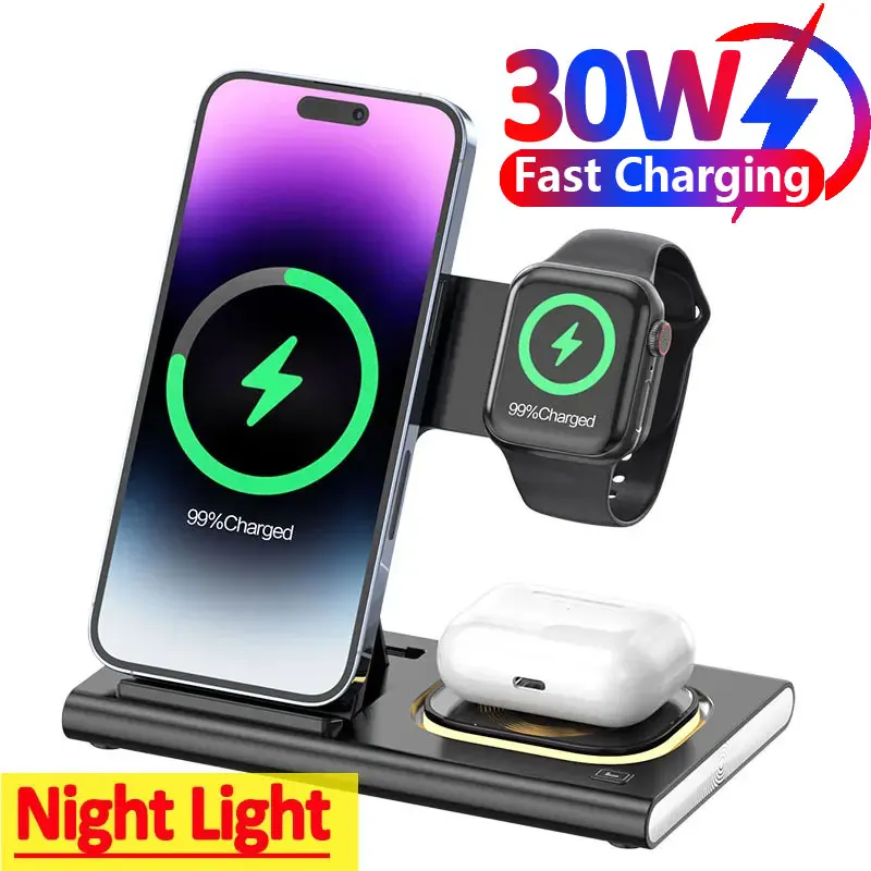 30W Foldable Fast Wireless Charger Stand For iPhone 14 13 12 Pro Max 11 Apple Watch 8 7 6 Airpods 3 in 1 Charging Dock Station