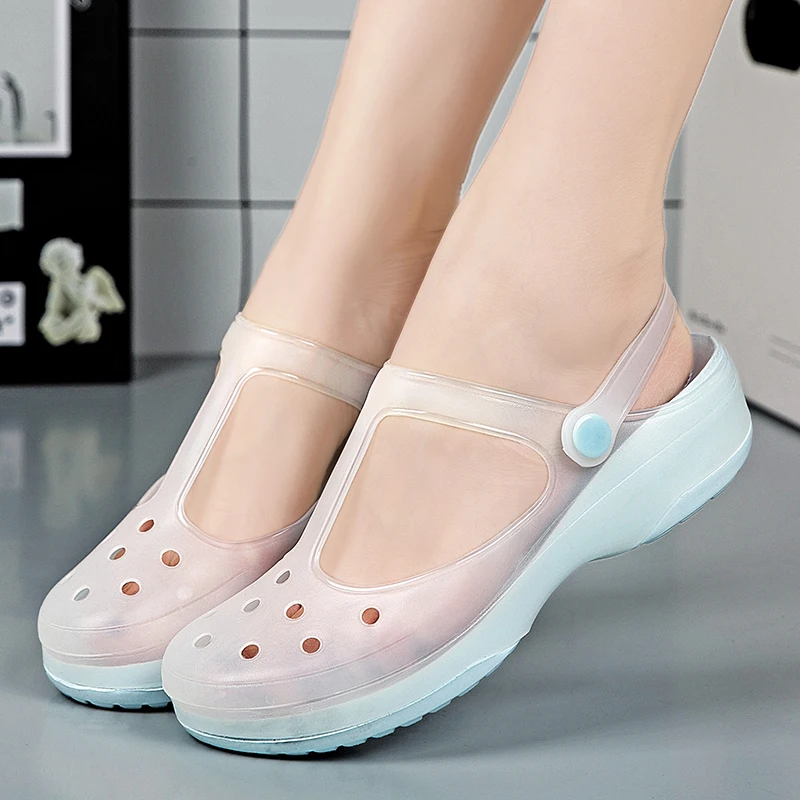 Summer Women Mary Jane Beach Sandals Hollow Out Breathable Jelly Garden Shoes Soft Bottom Anti Slip Slope Heel Cool Slippers