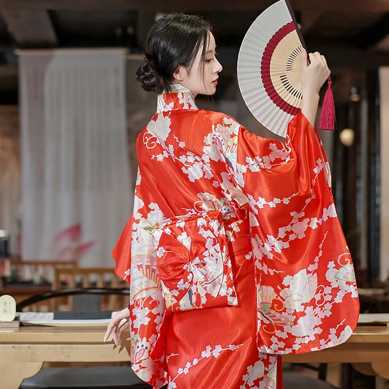 Female Printed Flower Japan Kimono Wedding Party Dress Vintage Novelty Cosplay Costume Sexy Yukata with Obi Geisha Bath Robe