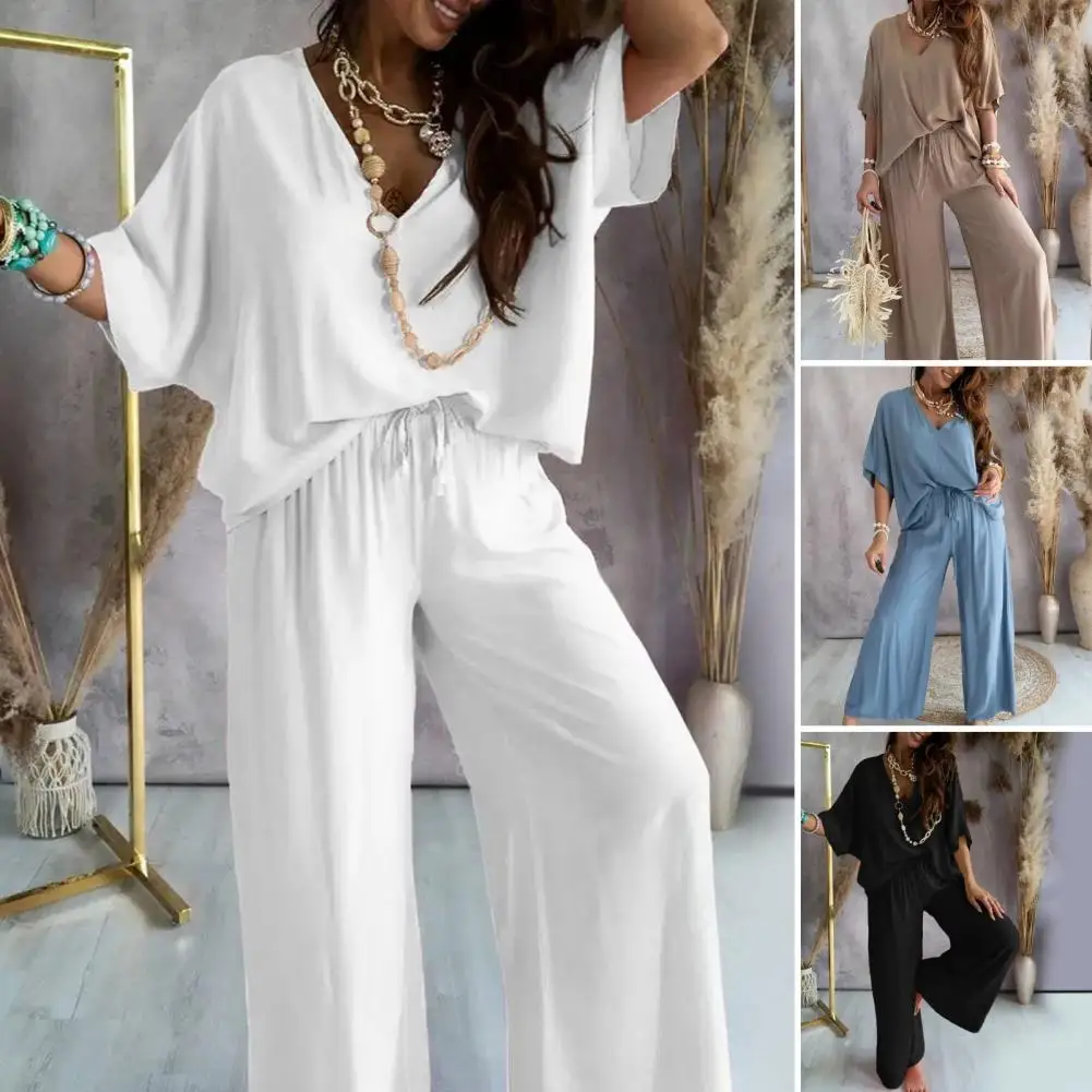 

Women Top Pants Set Stylish Women's Top Pants Set with Wide Leg Trousers V Neck Bat Sleeve Loose T-shirt High Waist for Commute