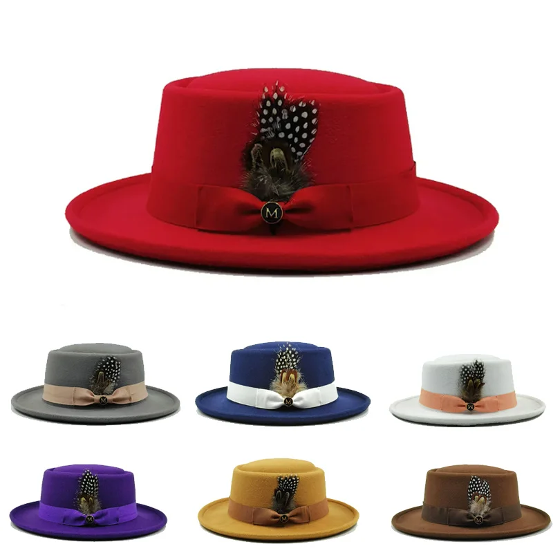 Vintage Pork Pie Hat Men feather fedora hat Webbing Decorative flip-brim Felt hats Panama Gentlemen women Church Jazz Hat