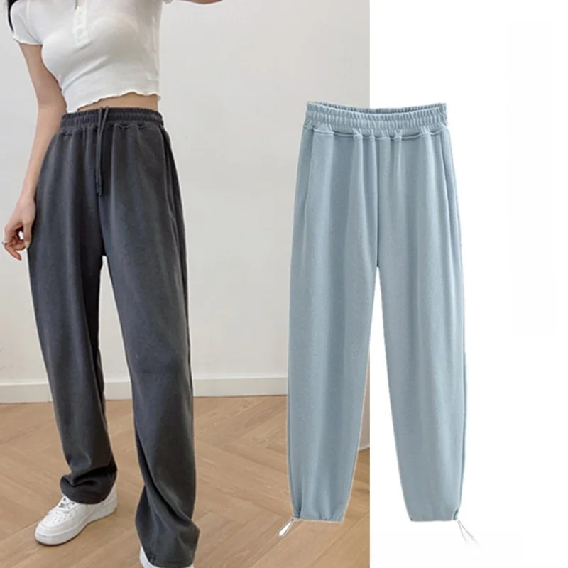 กางเกงขายาวเอวสูงทรงหลวมสบายสไตล์ลำลอง ขาบาน ปลายขาจั๊ม ผ้ามีความยืดหยุ่น แฟชั่นสตรีท ไซส์พลัส