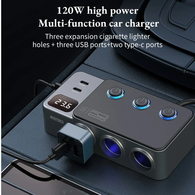 120W 8-in-1 Car Charger Splitter 3 Ports cigarette Lighter Adapter PD USB Quick Charger Car Cigarette Lighter Socket with Switch