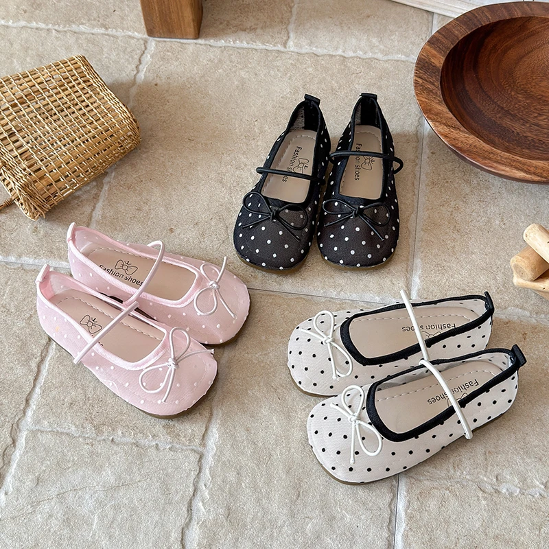 

Summer Girl's Sandals Polka Dot Breath-mesh Elegant Kids Ballet Flats Elastic Band Round Toe Children Footwear For Daily 21-36