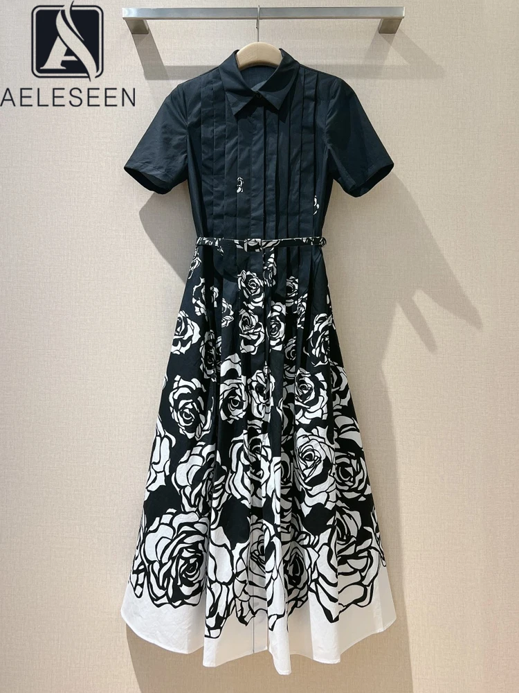 AELESEEN 100% Cotton Summer Dress Women Vintage Black Turn-down Collar Belt Pleated Camellia flower Print Elegant Long Party