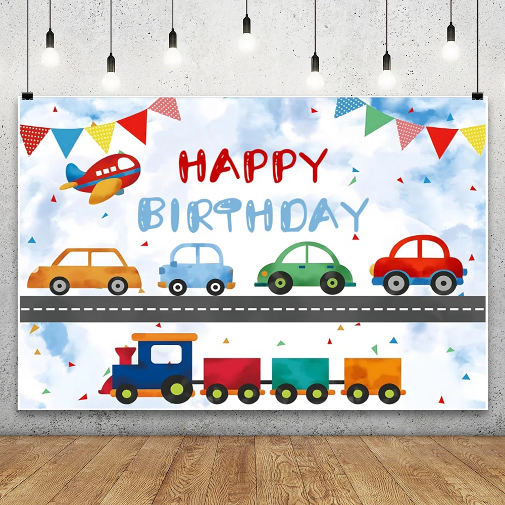 Cartoon Train Child's Birthday Photography Backdrop Traffic Signs Bunting Hot Air Balloon Baby Shower Kid Party Shoot Background