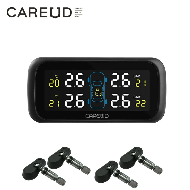 Car Wireless TPMS Tire Pressure Monitoring System with 4 Internal Replaceable Battery Sensors LCD Display