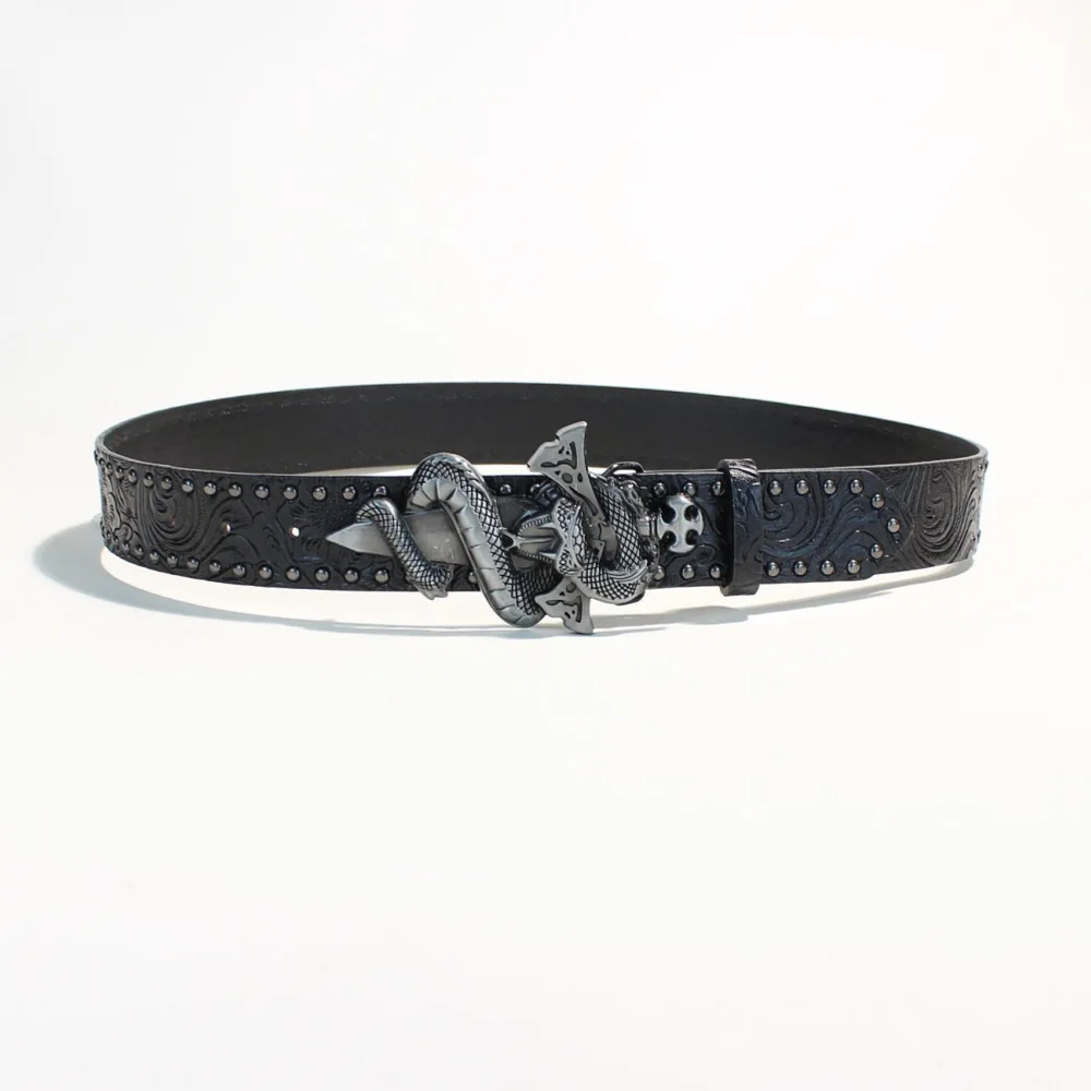 Vintage Snake Metal Buckle PU Leather Waist Belt Punk Rock Rivet Embossed Western Cowboy Waistband Unisex Decorative Jeans Belt