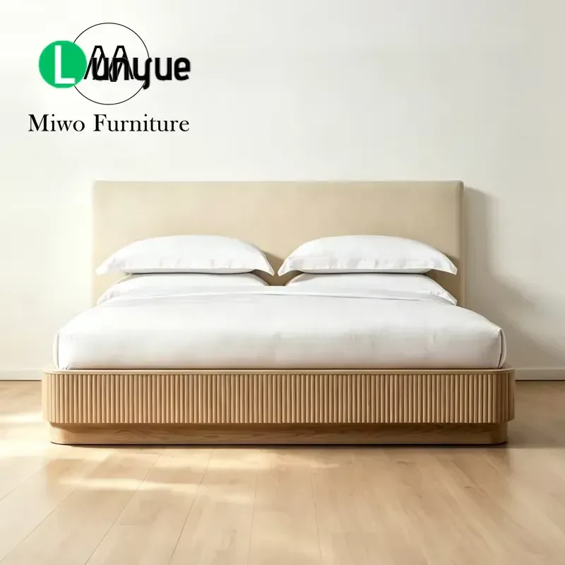Modern Queen Size Platform Bed Frame with Cream Fabric Upholstered Headboard Wooden Structure for Bedroom Home Hotel