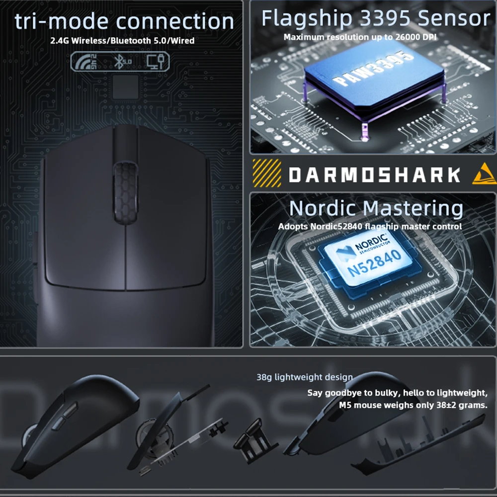 Imagem -03 - Darmoshark-mouse para Jogos E-sports 4k 8k sem Fio Bluetooth Tri-mode 26k Dpi Óptico Pam3395 N52840 para Computador e Laptop